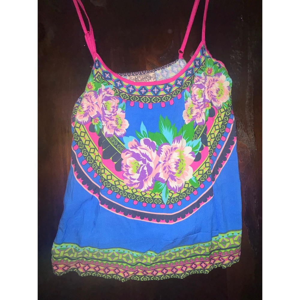 Flying Tomato Blue Floral Boho Cami Adjustable Straps Rayon Tank Top Small - Picture 2 of 6